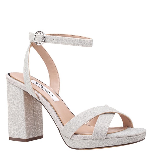 SHELIA SILVER GLITTER NET BLOCK-HEEL SANDALS WITH ANKLE-STRAP S 8 Worn Once - Picture 1 of 11